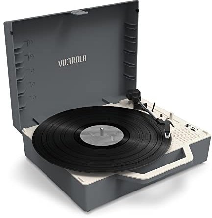 Victrola Re-Spin Nachhaltiger Koffer-Plattenspieler Mit 3 Geschwindigkeiten, Bluetooth, Bassradiator & 3,5-mm-Kopfhöreranschluss (Grau)