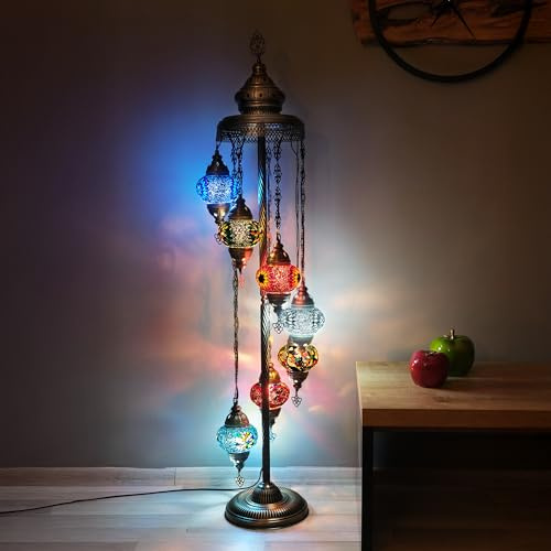 Asylove Turkish Floor Lamp, Mosaic Moroccan Lamp 7 Globe Livingroom Floor Lighting Standing Decorative Home Mid Century Modern Designs Handmade Glass 5 inch Globe - Total Height 60 inch (colormix)