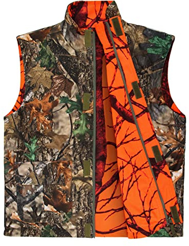 GUGULUZA Chaleco de caza para hombre, suave, protector, chaleco de advertencia, chaleco de pesca, reversible, naranja + camuflaje, camuflaje, 4XL