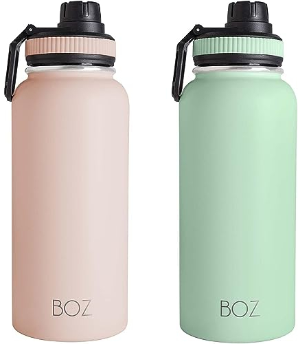 BOZ Stainless Steel 2 Pack Bundle - Pink & Green Insulated 1L Wide Mouth BPA Free Metal Water Bottles for Gym with Spout Lid