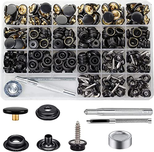 BetterJonny Segeltuch-Druckknopf-Set, Edelstahl-Schrauben, Druckknöpfe, Marinequalität, Segeltuch, Polster, Boot, Druckknopf-Kappe mit 3 Einstellwerkzeugen, Leder, Schwarz