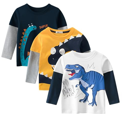 amropi Bambino Ragazzi 3 Pack Maglietta Stampa Dinosauro Manica Lunga Casuale Cotone T-Shirt Bianco Giallo Nero, 5-6 Anni