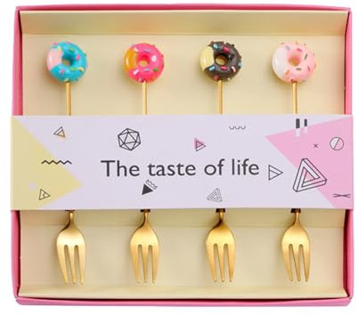 Stainless Steel Dessert Fork and Spoon Set - Tea, Coffee and Pastry Cutlery with Cute Donut Design for Cake, Stirring Sugar and Soup