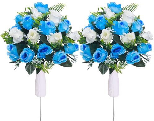 Lodou Fiori artificiali per cimitero, set di 2 rose decorative per tombe, bouquet commemorativo con vaso per composizioni tombali (2, bianco e blu)