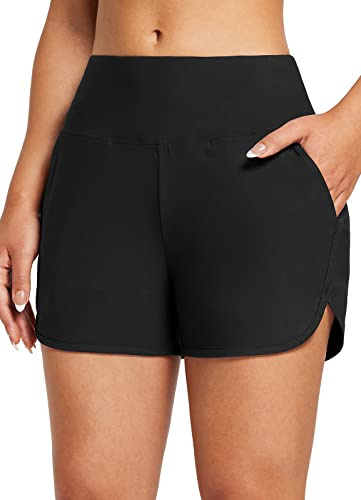 baleaf Badbyxor dam 3 tum badshorts hög midja bikini byxor mage väg simbyxor snabbtorkande badbyxor med fickor UPF 50+, svart, 3XL