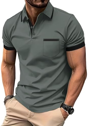 zitysport Polos Homme Manches Courtes Sport Tennis Shirt Respirant Fonctionnel avec Poche Chemises Eté Golf Extérieur Slim Fit Polo Hommes Golf Poche Poitrine Regular Fit Tshirt(Gris Foncé-L)