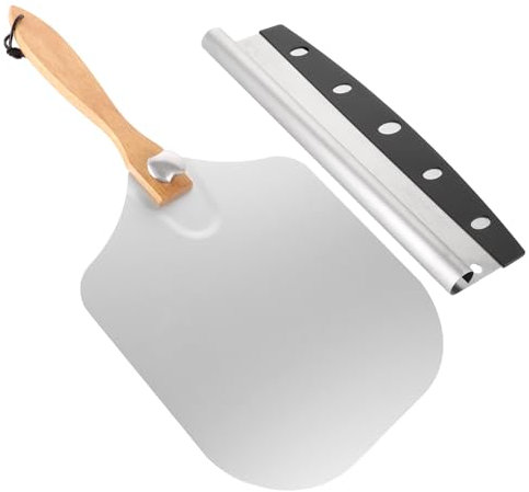 DAJAVE Pala per pizza in acciaio inox, 30 cm, con manico pieghevole in legno di acacia e coltello per pizza professionale, in acciaio inox, lavabile in lavastoviglie