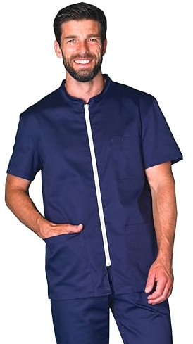 Blouse Médicale, Fermeture Zippée, Manches Courtes, Homme, Blanc (FR/ES, Alpha/Lettres, M, Taille Normale, Taille Normale, Bleu)