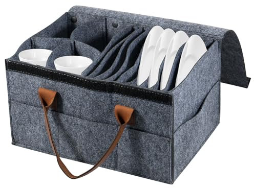 Dish Storage Container with Handle Felt Plate Holder Camping Dinnerware Organiser with Removable Divider Dustproof Picnic Glassware Bag with Lid for Plates Bowl Cup Protection