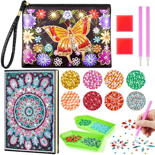 Enbagold Diamond Painting Kit Komplett, Diamantmålning Väska och A5-anteckningsbok, Diamantmålning Flicka, Present Flicka 6 7 8 9 10 År, Leksaker Flicka 6-12 År - Blomma fjäril + Blomma sol