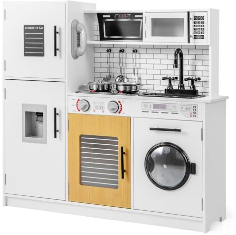 RELAX4LIFE Cucina Giocattolo per Bambini in Legno, Set da Cucina con Microonde, Fornello, Lavatrice, Pentole e Utensili, Effetti Luminosi e Sonori, 82 x 25 x 80,5 cm (Bianco)
