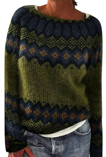 Pull Norvégien Femme Grande Taille, Hiver Chaud Pullover Col Rond Mohair, Jacquard Sans Capuche, Sweater Oversize Vintage à Motif Tricoté, Irlandais