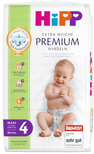 HiPP Extra Weiche Premium Windeln Größe 4 (Maxi, 9-14 kg), 96 Stück (2 Packungen mit 48), mit 3-fach Auslaufschutz und Duo Hautschutz