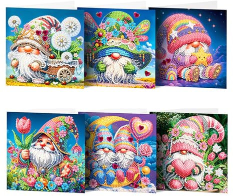 6 Stück Diamond Painting Karten Set für Kinder Erwachsene DIY Diamond Painting Grußkarten Wichtel Deko Frühling Geburtstagskarten Geschenk Diamant Painting Basteln für Geburtstag Frühling Deko (B)