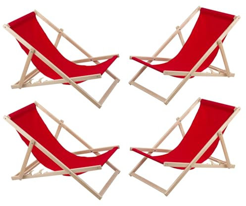 WOODOK Set di 4 sedie a Sdraio in Legno di faggio, Pieghevoli, per Giardino, Spiaggia, Balcone e terrazza, Schienale Regolabile, Tessuto Resistente alle intemperie, Fino a 120 kg (Rosso)