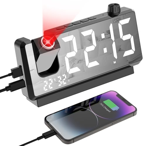 GuDoQi Projection Alarm Clock for Bedroom, Digital Clock with 180° Projector, 7 Large LED Display, Dual Alarms, Temperature&Humidity Display, Dual USB Port, 12/24H, Snooze, for Heavy Sleepers, Black