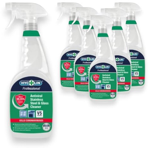 Super Professional Antiviral Glass & Stainless Steel Cleaner 750ml x 6 – V5 – Streak Free – Free From Colours and Fragrance - With Vinegar Power, Tough on Grease and Fingerprints