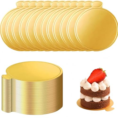 Heyumybit 100 PCS Supports à Gâteau en Carton,9cm Planches à Gâteaux,Plateau Gateau Carton Rond pour Base de Gâteau,Mini Plaques à Gâteaux Rondes Dorées,Convient pour Mariage,Anniversaire,Dessert