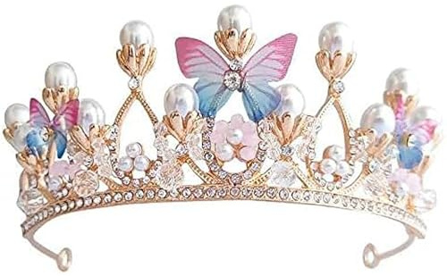 Corona Principessa Bambina Dorata Diadema con Farfalle Perle Strass e Cristalli Accessori Capelli Fatti a Mano per Compleanno Matrimonio Festa Travestimento Foto Torta Per Bambine Regine Damigelle