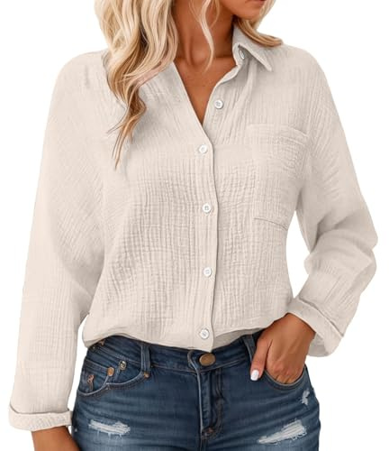 Chemisier en mousseline de coton pour femmes avec boutons - Manches longues, blouse texturée crinkle avec poche, coupe décontractée légère pour l'été et superposition, beige, L