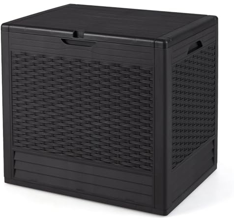 TANGZON Lockable Garden Storage Box, Large Waterproof Deck Box with Sit On Lid & Handle, Indoor Outdoor Storage Bin Organizer for Cushions Tools Toys (Rattan Pattern,58 x 43.5 x 53 cm,Brown)