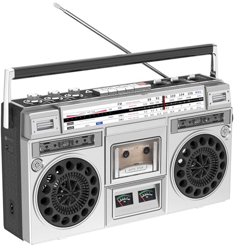 Sistema estéreo Boombox vintage con radio AM/FM, reproductor de CD y grabadora de casete | Entrada USB/SD, altavoces integrados, conector de auriculares de 3.5 mm | Estilo retro de los años 80 para el