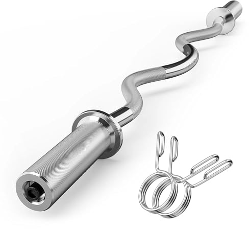 Olympic EZ Curl Barbell, barra curva da 119,4 cm, per sollevamento pesi, spinte dell'anca, squat, bicipiti, palestra, barra curva cromata con 2 collari a molla per dischi di peso da 5 cm, capacità di