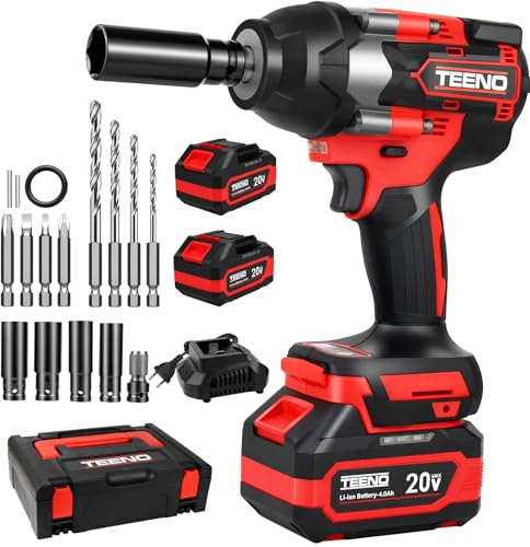 TEENO Avvitatore a Impulsi Senza Fili Brushless 700N.m 1/2, con Coffretto, Bussole (17/19/20/21mm) e 2 Batterie 4.0Ah, 180° Incudine e Testa Pivotante 90°, per Auto, Camion e Fai da Te