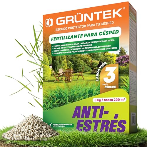 GRÜNTEK Concime per Prato Estate Anti-Stress 5 kg – 200 m² | Fertilizzante per Prato Rinverdente NPK 15+5+24 | Concime Granulare a Lenta Cessione fino a 3 Mesi | Resistente a Caldo, Siccità e Gelo.
