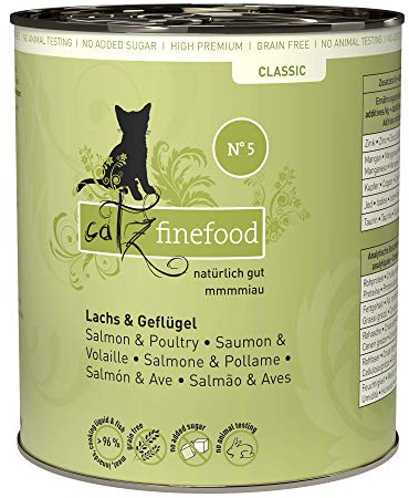 catz finefood N° 5 Salmon & Poultry Delicatessen Wet Cat Food, Refined with Spinach & Tomato, 6 x 800 g Tins