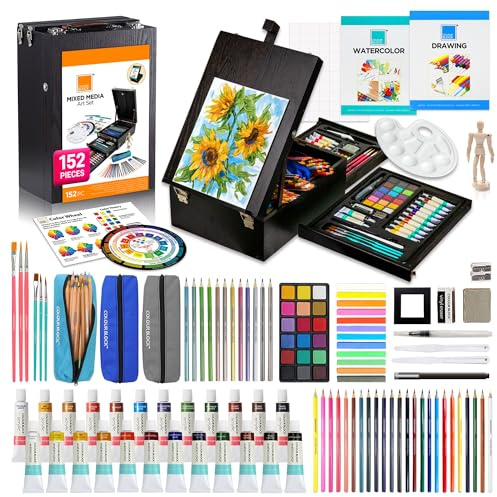 COLOUR BLOCK 152-Piece Wooden Easel Art Supplies Set, Professional Painting and Drawing Art Kit with Mixed Media Acrylic and Watercolor Paints, Pencils and Tools for Adults and Mixed Media Artists