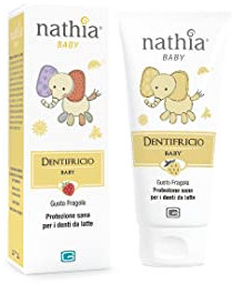 Nathia Dentifricio Baby, dentifricio in gel per l'igiene orale dei bambini. Protegge i denti da latte. Formula biologica e naturale. Privo di fluoro e coloranti. Al gusto fragola.