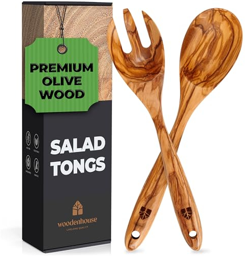 Salad Tongs for Serving, Spoon Salad Utensils Set from Olive Wood, 12 inches Wooden Fork and Spoon for Mixing, Tossing & Cooking