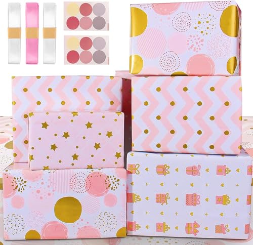 Papel de Regalo Kit Hojas para Embalar Regalos Aniversarios Niñas Mujeres Rosa y Oro