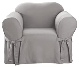 SureFit Cotton Duck Armchair Box Cushion One Piece Slipcover, Chair Cover, Relaxed Woven Fit, 100% Cotton, Machine Washable, Gray