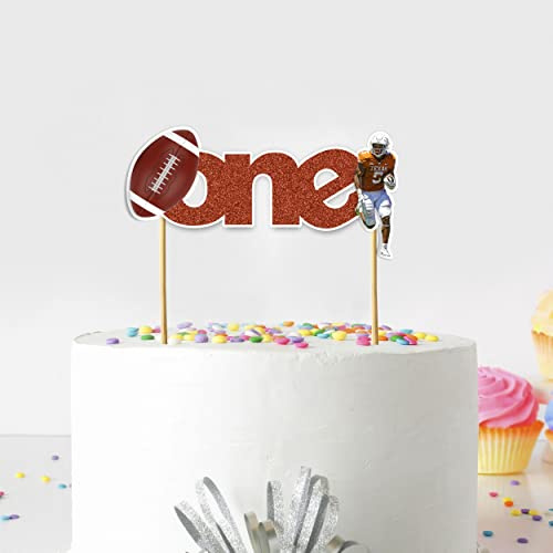 American Football One Cake Topper - Gridiron Sport Theme Design, Bold Football Field and Helmet Style Party Cake Decoration for First Birthday Celebration, Dessert Table Display, Photo Prop.