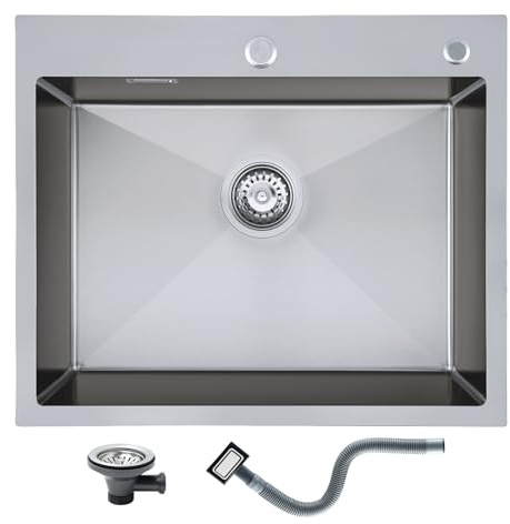 KEOKBON - Fregadero de cocina (60 x 50 cm, acero inoxidable, con orificio para grifo, incluye colador de desagüe e instrucciones de montaje (idioma español no garantizado)