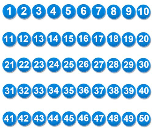 50pcs 1-50 Nombres Magnétiques, Aimants Numérotés Ronds Aimants de Réfrigérateur pour Tableau Blanc Effaçable à Sec Maison Salle de Classe Bureau Réfrigérateur(2cm de Diamètre, Bleu)