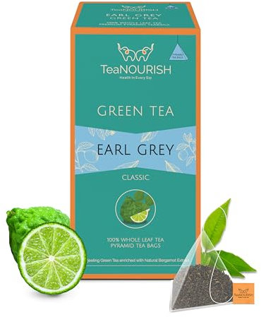 TeaNOURISH Earl Grey Green Tea | 20 Count Pyramid Tea Bags | Darjeeling Whole Leaf Tea Enriched with Natural Bergamot Extract | 100% NATURAL INGREDIENTS