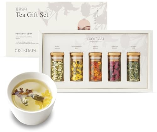 KKOKDAM Lovely Blossom Flower Tea Sampler in Glass Jars - Premium 5 Loose Leaf Herbal Tea Variety Pack, Women & Mom Gift Box