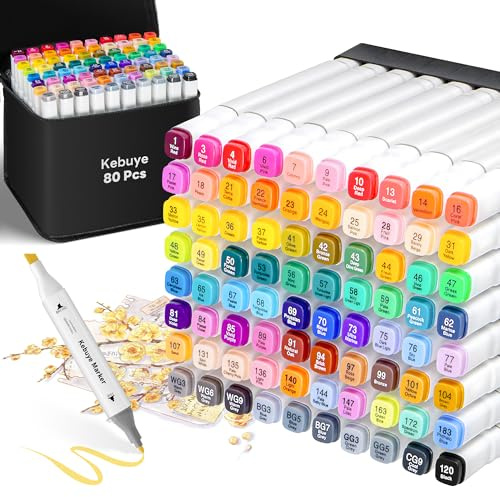 Kebuye Alcohol Markers Set 80 Colors, Art Markers for Adult Coloring Dual Tip Permanent for Drawing Sketching, Alcohol Based Markers with Case Perfect for Adult Artists Students Gift