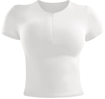 ZAAYO T Shirt Sportshirt Damen Gym Top Sport Oberteile Basic Sportshirt Double Lined Funktionsshirt Yoga Crop Damen Kurzarm Weiß S