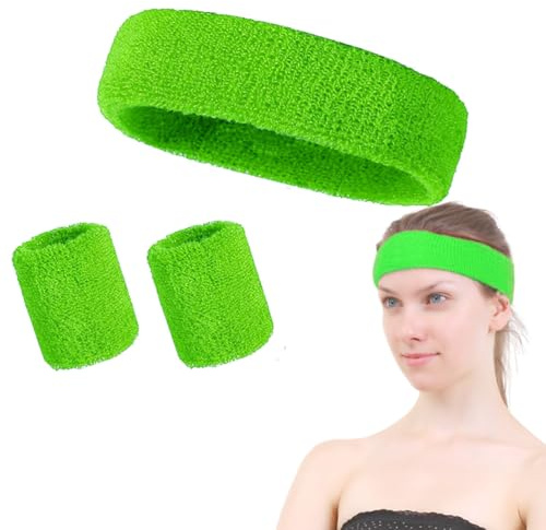 Fc'Noqgn Set de 3 piezas de cinta para la cabeza y muñequera verdes, ropa de neón para carreras y actividades en equipo, cinta deportiva de colores, cinta para la cabeza de fitness para hombre