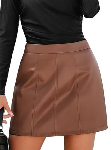 CUPSHE Women's Mini Skirt Faux Leather A-Line Short Fashion Skirt Casual Wear, Brown, XL