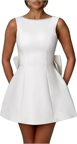 CupitiDU Robe de soirée vintage en satin avec nœud, perles dos nu, mini trapèze nœuds, courte robe de bal pour femme, fin d'année