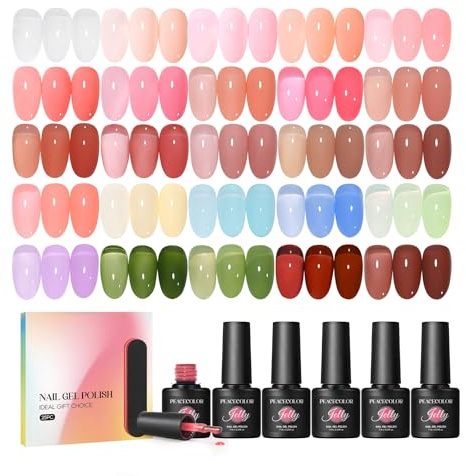 PEACECOLOR Jelly Gel Nail Polish- 25pc Translucent Pink Green Nude Colours Soak Off Gel Polish, Nail Art Manicure Salon and Home DIY for Women Gift