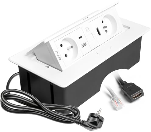 GTV – Inbyggt uttag MULTISOFT vit med 2 x uttag med jordning, USB A+C, RJ45, HDMI 2.0, infällbar med lock, 1,5 m kabel, perfekt för kök, kontor eller konferensbord