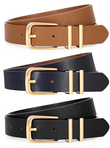 WERFORU Lot de 3 Ceintures Femme en Cuir Ceinture Mode Réglable pour Femme avec Boucle Dorée pour Jeans Robes Pantalons,Noir/Marron/Bleu Marine