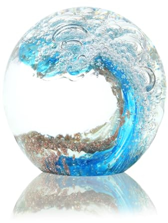 CRUMANCY Ocean Orb Crystal, Hand Blown Glass Figurines Ball Ocean Waves, Paperweight Glass Ball, Home Aquarium Office Décor, for Art Ocean Lovers