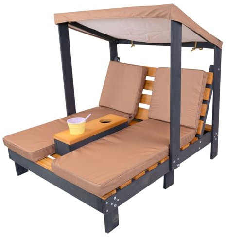 Meppi Kinder-Doppelliege mit Sonnendach, Holz-Gartenliege mit Getränkehalter, 91x85x88 cm, Braun, für Kinder zwische 1,5-4 Jahren